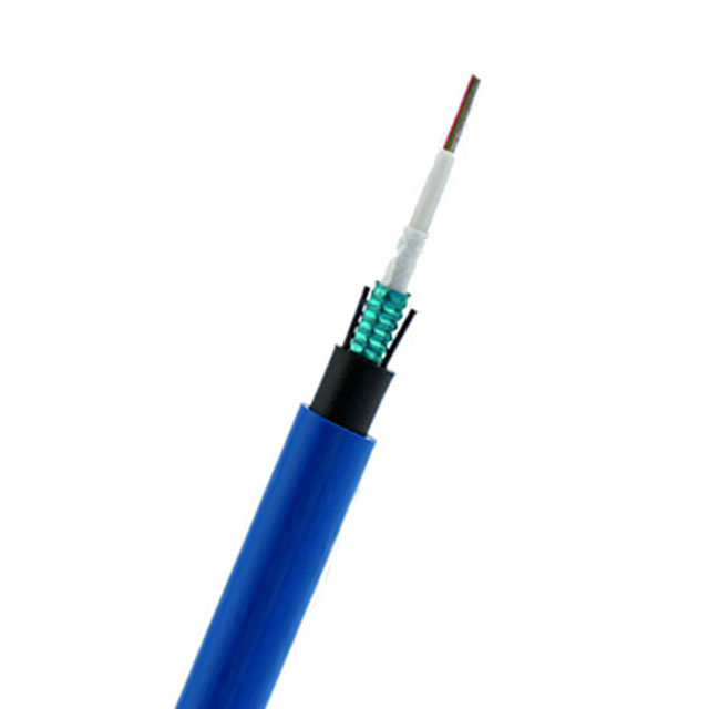Cable de fibra óptica para minas, MGXTW 4-12 G.652.D Fibra, relleno de gel, tubo central, armadura de acero corrugado, chaqueta ignífuga azul